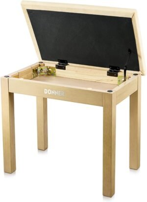 Pianobank van licht hout met opbergruimte en suède zitting