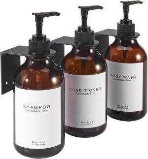 Navulbare shampoo en conditioner dispenser set met 3 flessen voor wandmontage in de douche, bruin met pomp en waterdichte labels