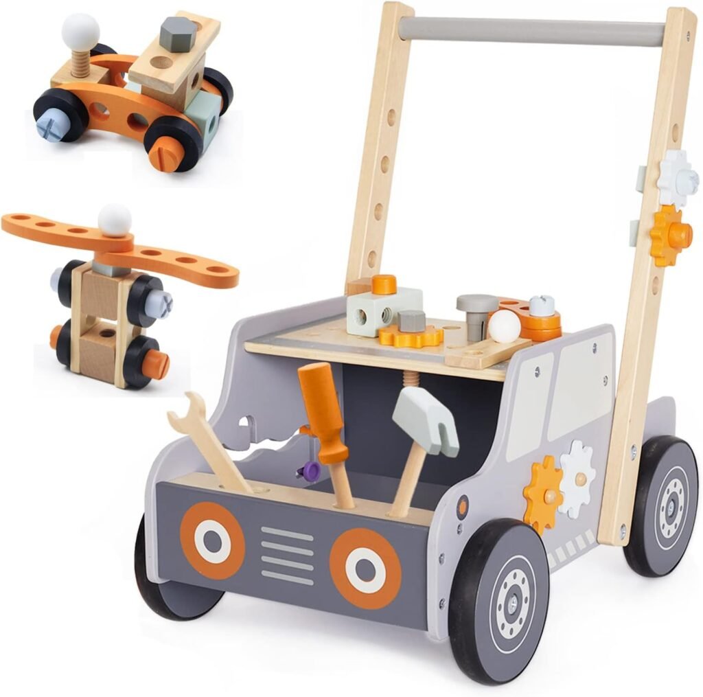 Houten loopwagen voor baby's met werkbank en activiteitencentrum, Montessori speelgoed voor kinderen van 1-3 jaar