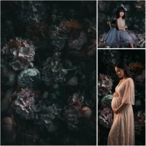 Fotografie Achtergrond 2x3m – Donker Retro Bloemenpatroon – Canvas Fotoachtergrond – Voor Portretfotografie en Fotostudio