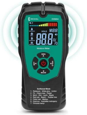 Vochtmeter voor hout met LCD-display en 4 meetmodi voor vochtmeting in hout en bouwmaterialen