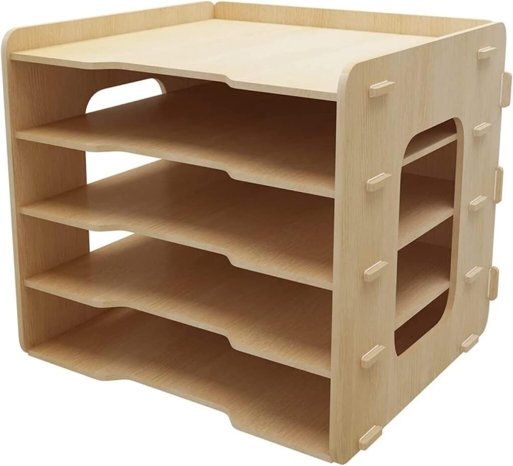 Houten bureau organizer met 5 niveaus - A4 documentenbak en mappenhouder voor kantoor, thuis en school