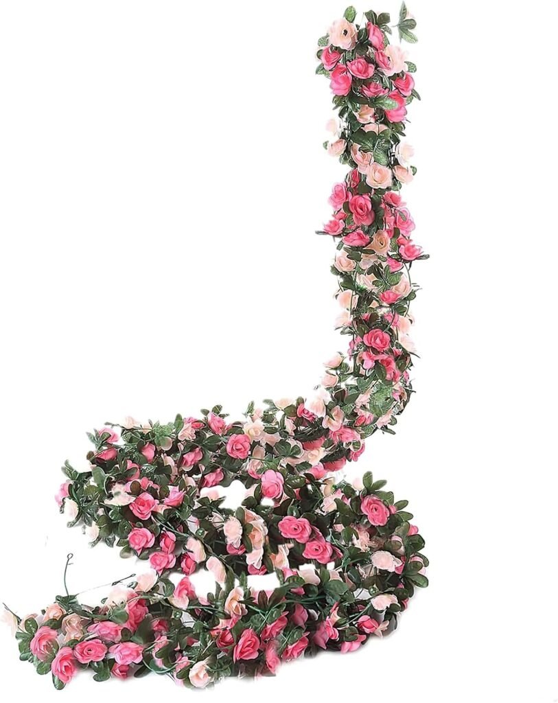 Roze kunstbloemenslinger met rozen, 8 stuks van 2,44 meter voor bruiloft, wanddecoratie en buitenversiering