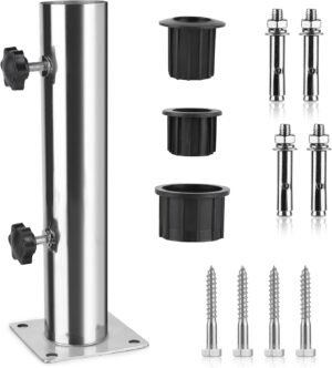 Verstelbare parasolhouder voor grondmontage met RVS buis, 3 PVC ringen en 8 stalen grondpinnen, geschikt voor parasols van 32 tot 48 mm