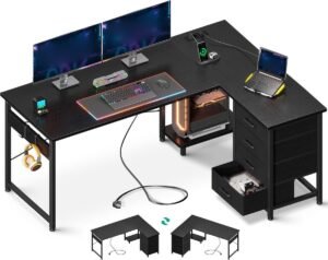 L-vormig Bureau met Lades en Stopcontacten – Hoekbureau met USB-Oplaadpoort – Omkeerbaar Gamingbureau – 135 x 100 cm Zwart