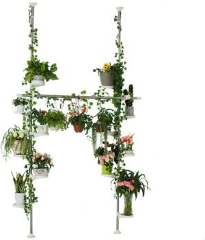 Ruimtebesparend metalen plantenrek met 12 lades, 2 haken en verstelbare telescopische stang