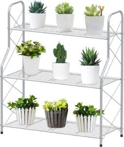 Plantenrek met 3 Niveaus – Metalen Bloemenrek voor Binnen en Buiten – Bloempot Houder voor Balkon en Tuin – Zilver