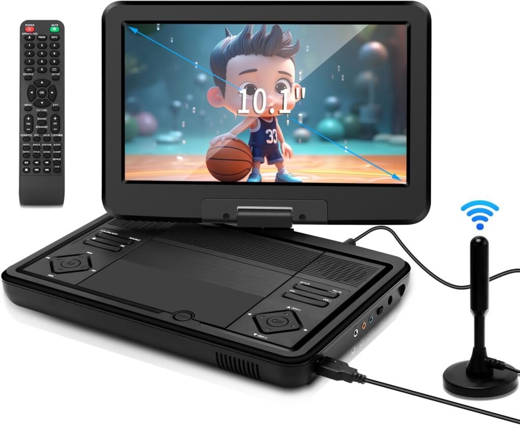 Draagbare DVD-speler 10,1 inch met DVB-T2 TV, draaibaar LED-scherm en USB-, HDMI- en AV-aansluitingen