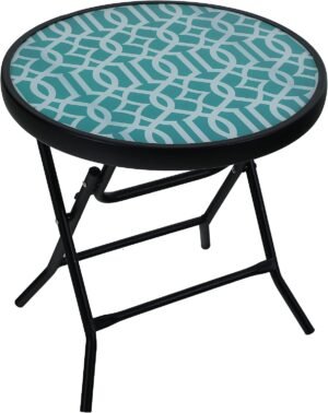 Ronde opvouwbare bijzettafel met glazen tafelblad en metalen frame voor balkon, tuin, terras en woonkamer