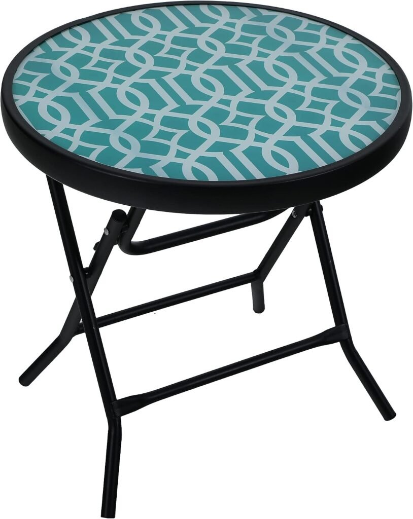 Ronde opvouwbare bijzettafel met glazen tafelblad en metalen frame voor balkon, tuin, terras en woonkamer