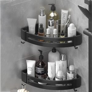 Doucheplank Set Zonder Boren 2-Delig – RVS Hoekrek met 4 Haken – Zelfklevende Shampoo- en Zeepopberger – Zwart