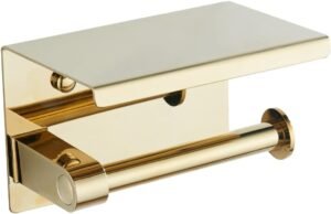 Toiletpapierhouder met Plank – RVS Toiletrolhouder voor Wandmontage – Gouden Afwerking – Badkameraccessoire met Opbergruimte