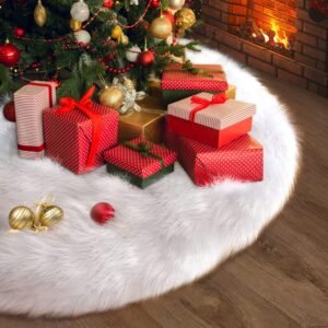 Witte pluche kunstbont kerstboomdeken rond 120 cm als kerstboom onderlegger voor sfeervolle vloerdecoratie rond de kerstboom