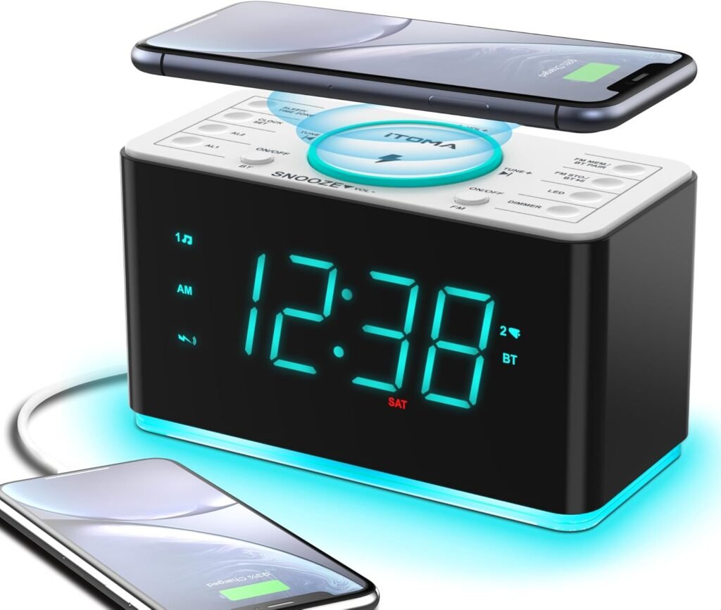 Wekkerradio met 15W draadloze telefoonoplader, Bluetooth, dubbele alarmklok, FM-radio en LED-nachtlampje