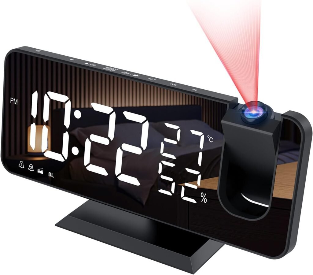 Digitale projectorwekker met radio en 7 inch LED-spiegelscherm