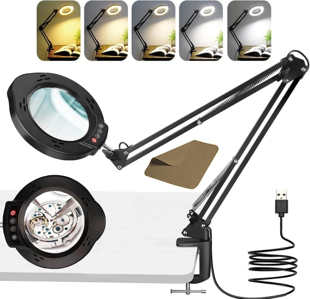 LED vergrootlamp 10x met klem, 5 kleurmodi en dimbare verlichting voor handwerk, reparaties en close-ups