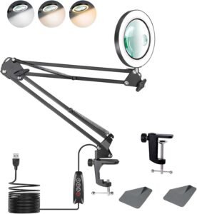 Vergrootglaslamp met LED – 10x en 15x Vergroting – Verstelbare Arm met Klem, 3 Lichtkleuren en Dimbaar – Voor Reparaties en DIY