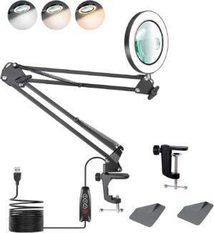 Vergrootglaslamp met LED, 10x en 15x vergroting, verstelbare arm en klem voor reparaties en DIY