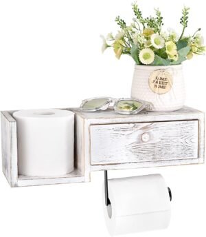 Toiletpapierhouder met plank van grenen hout in vintage wit met opbergruimte