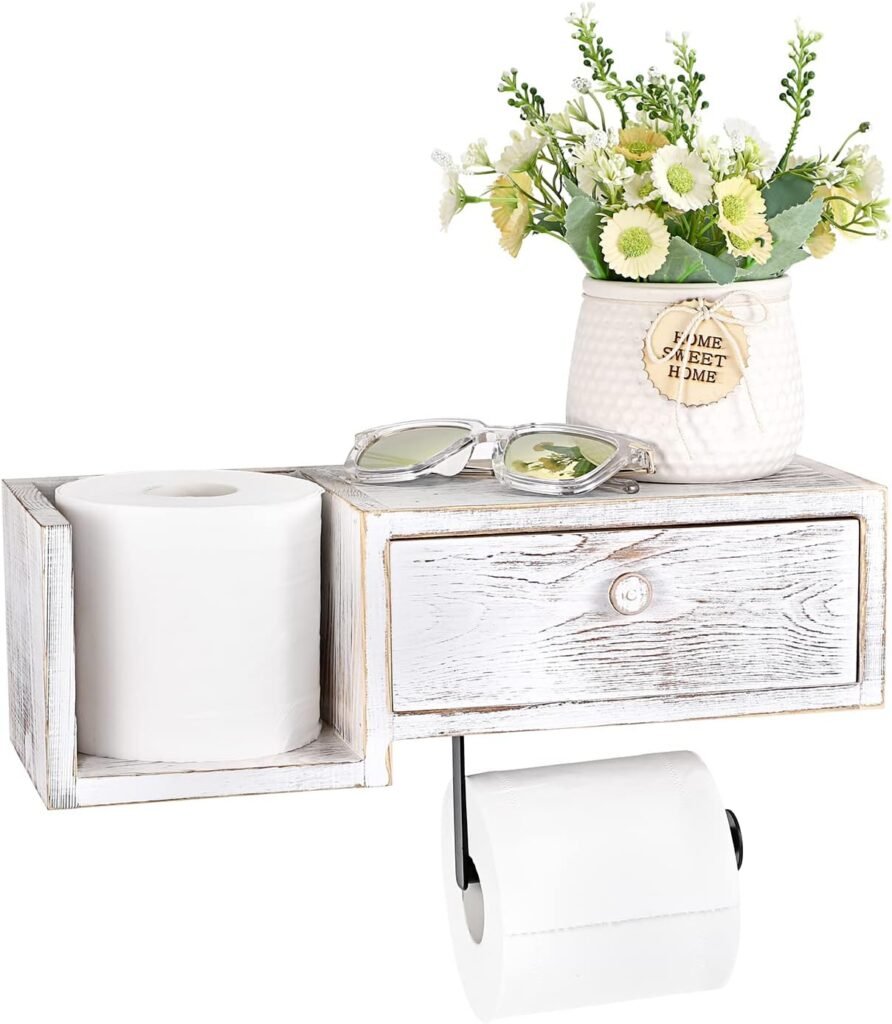 Toiletpapierhouder met plank van grenen hout in vintage wit met opbergruimte