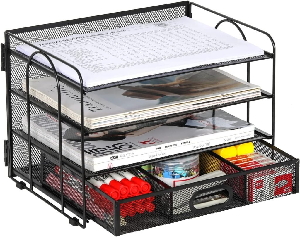 A4 bureau organizer met 4 lagen en zwart mesh documentenrek