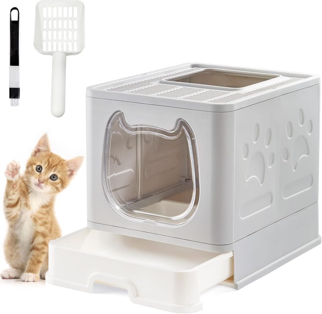 Vouwbare kattenbak met deksel en kattenbakschep, grijs, met 2-in-1 schoonmaakborstel