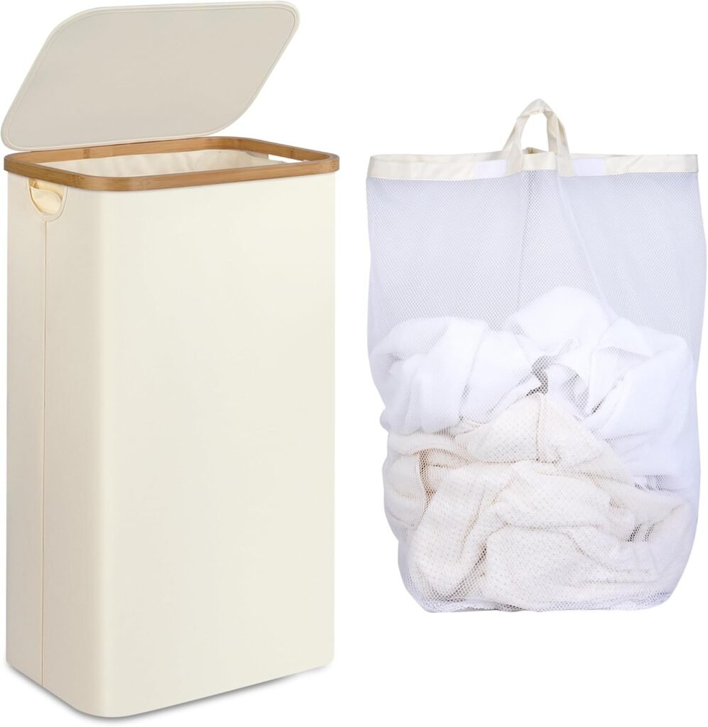 Smalle wasmand 75L met deksel, wasbare binnenzak, beige, voor kleding en vuil wasgoed