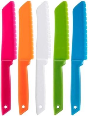 5-delige kindermessen set van plastic en nylon voor veilig koken met fruitmes, broodmes, taartmes en salademes