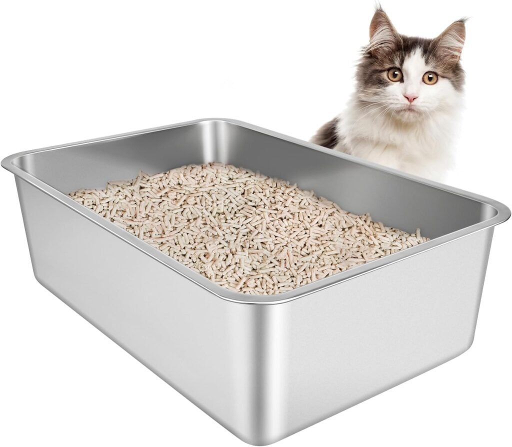 Grote RVS kattenbak 60 x 39,5 x 21 cm met antiaanbaklaag en antislip rubberen bodem