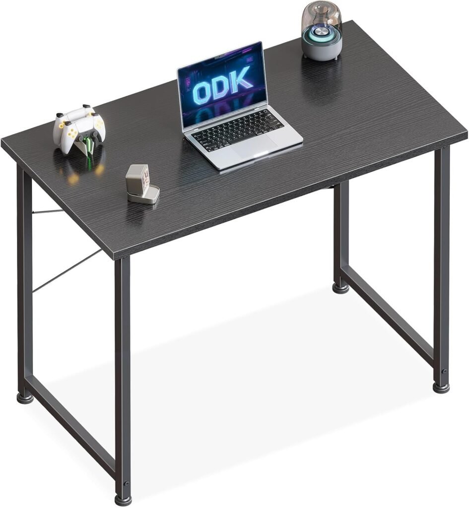 Compact zwart bureau 80 x 40 x 73 cm met hoofdtelefoonhouder en opbergzak voor thuis en kantoor