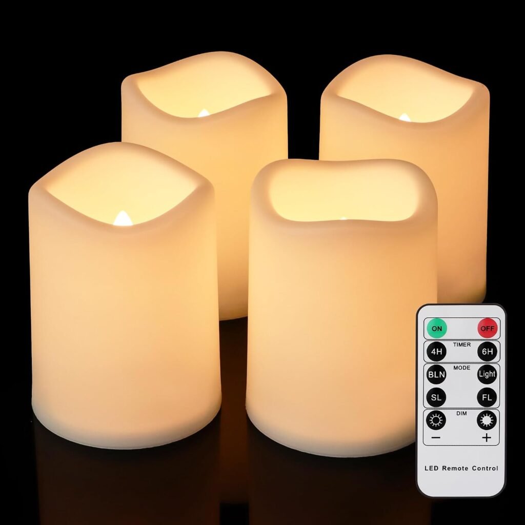LED kaarsen set voor buiten met afstandsbediening, 4 stuks, waterdicht, warm wit licht, 7,5 x 10 cm