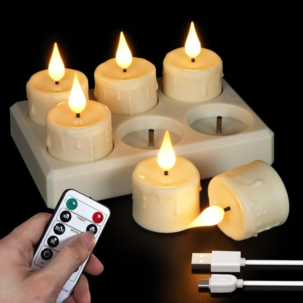 Oplaadbare LED theelichtjes set van 6 met oplaadstation, afstandsbediening, timer en warm wit licht