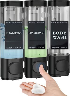 Zeepdispenser wandmontage met 3 compartimenten van 300 ml voor shampoo, douchegel en vloeibare zeep