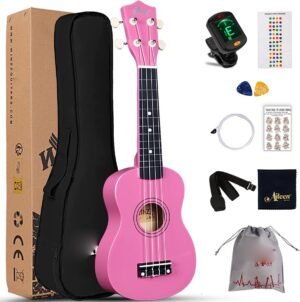 Sopraan ukulele beginners set 21 inch met draagtas en accessoires in roze rood