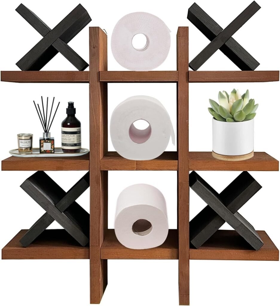 Houten toiletpapierhouder met plank, wandgemonteerd en decoratief wandrek voor badkamer en woonkamer