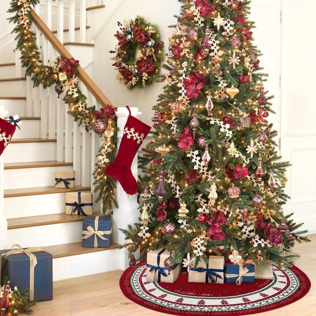Kerstboomrok 120 cm met sneeuwvlokmotief, ronde rood-groene boommat voor kerstboomstand en kerstdecoratie