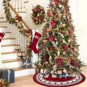 Kerstboomrok 120 cm – Ronde Kerstboomdeken met Sneeuwvlokmotief – Boommat voor Kerstboomstand – Rood en Groen