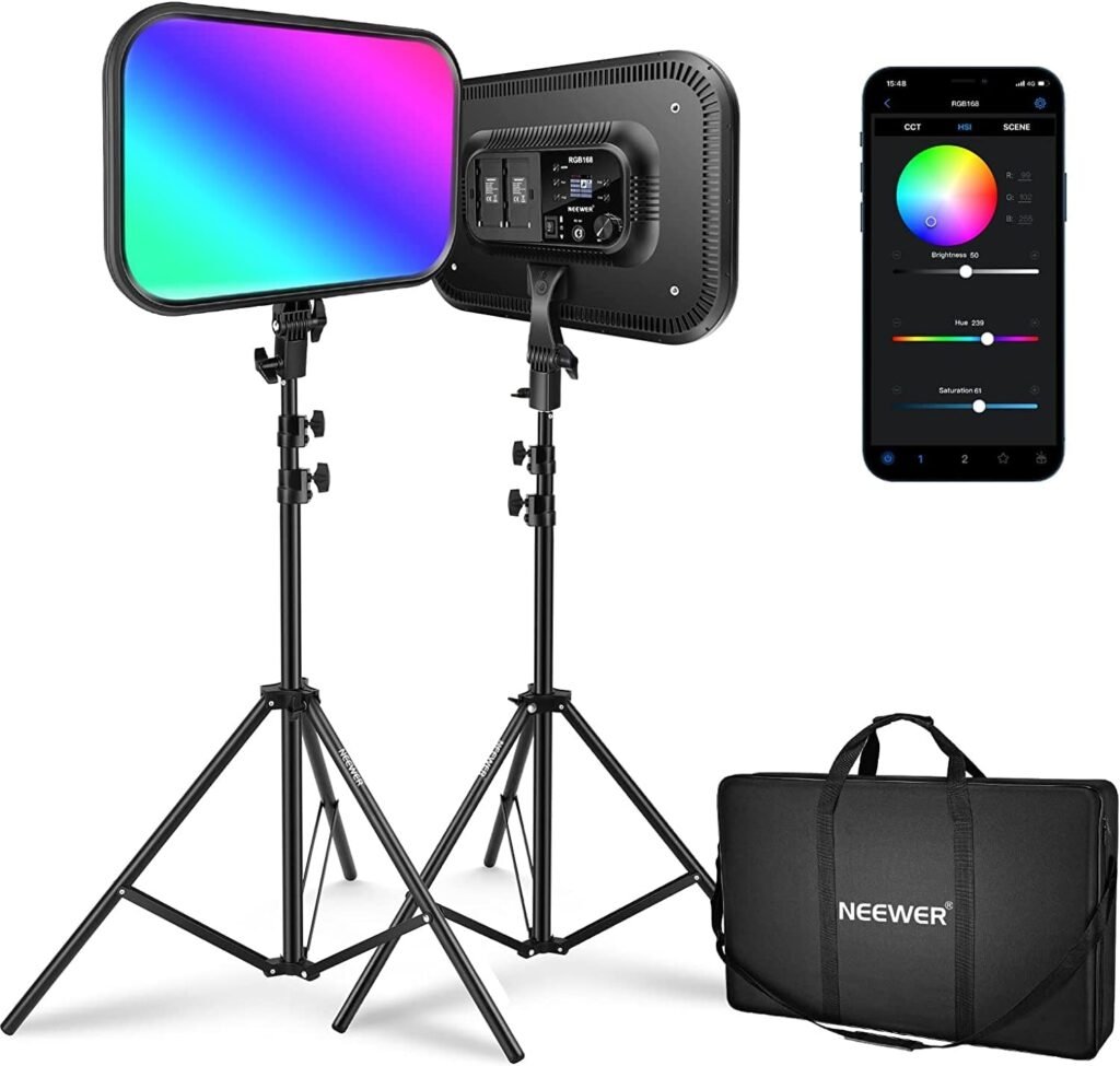 RGB LED paneel set met statief, 18,3 inch, 60W, dimbaar, app-besturing, 2500K-8500K, CRI 97+, 17 scène-effecten