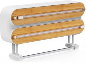 Vershoudfolie Dispenser Houten Design – Magnetische Foliehouder met Scherp Snijmes – 3-in-1 voor Vershoudfolie, Aluminiumfolie en Keukenpapier – 30 cm
