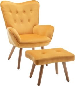 Fauteuil met Voetensteun – Velvet Leestoel en Lounge Stoel – Gele Accentstoel voor Woonkamer of Slaapkamer