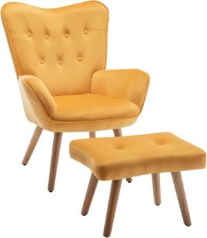 Fauteuil met voetensteun van velvet in geel voor woonkamer en slaapkamer