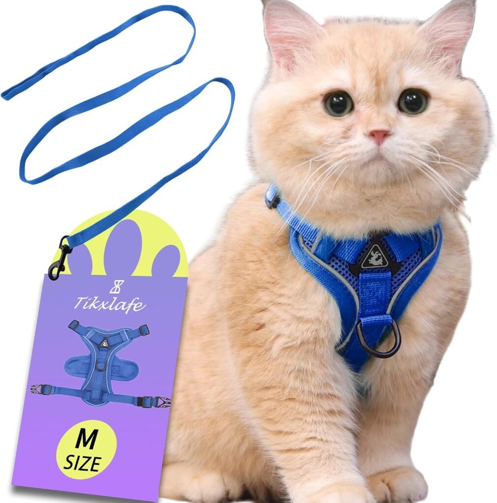 Verstelbaar blauw kattenharnas met 150 cm kattenriem, maat M, van polyester voor wandelen met de kat