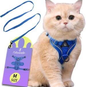 Verstelbaar blauw kattenharnas met 150 cm kattenriem, maat M, van polyester voor wandelen met de kat