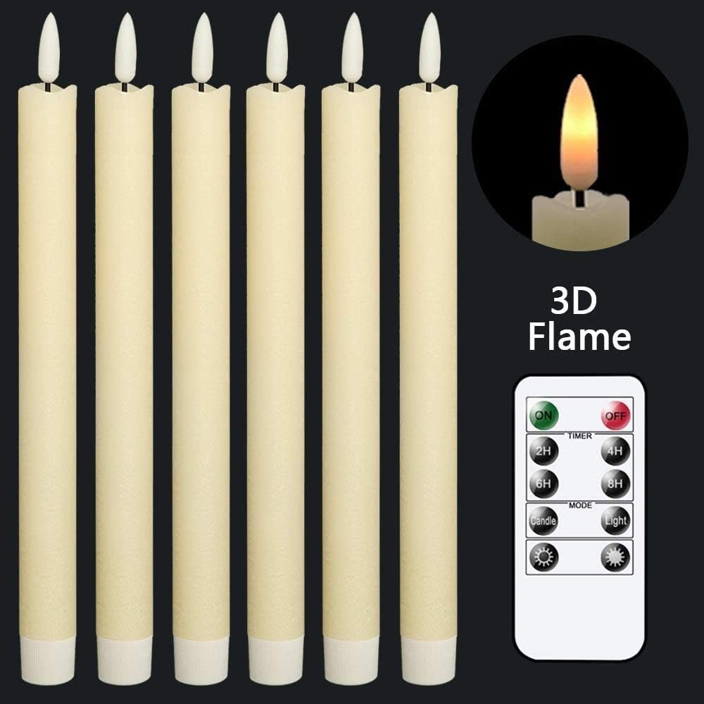 Ivory LED kaarsen set van 6 met flikkerlicht, afstandsbediening en warm 3D-licht van real wax