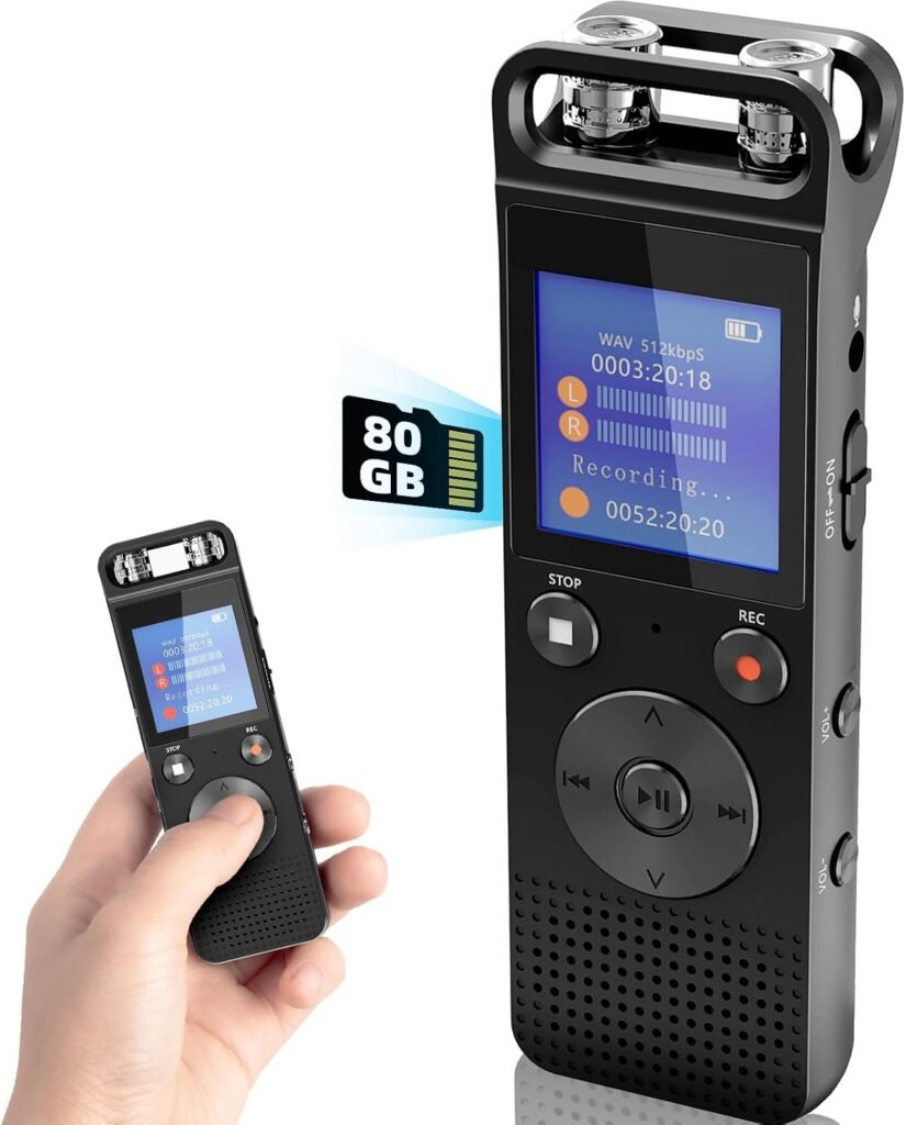 Digitale voice recorder 80G met HD-opname, 720° surroundmicrofoon en wachtwoord voor vergaderingen en notities