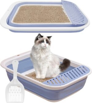Grote platte kattenbak met schep, lage opvouwbare kattenbak voor oude katten en reizen, geschikt als kattentoilet onderweg