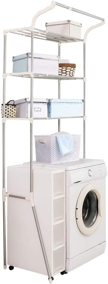 Boven wasmachine rek met 3 lagen, verstelbare breedte en ophangstang, 61-97 x 49,5 x 210 cm