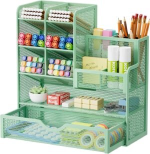 Groene metalen bureau organizer met pennenhouder, lade en opbergvakken voor thuis en kantoor