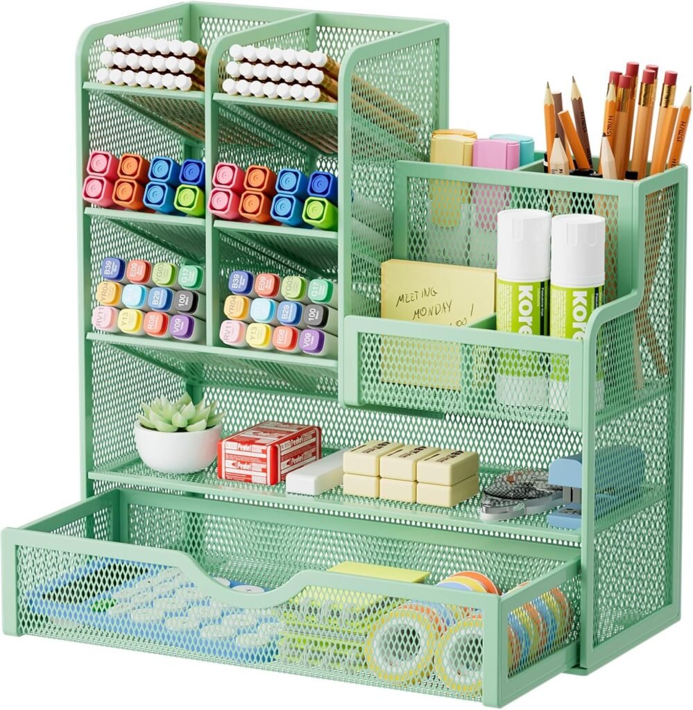 Groene metalen bureau organizer met pennenhouder, lade en opbergvakken voor thuis en kantoor