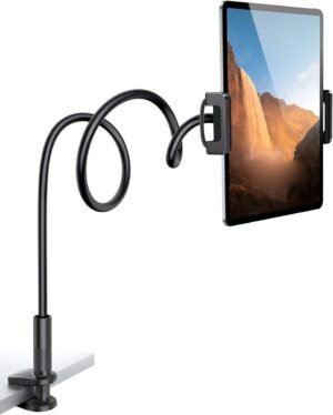 Universele tablet houder met flexibele zwanenhals arm, 360° draaibare klem voor iPad, Samsung Tab, telefoon en Nintendo Switch in zwart